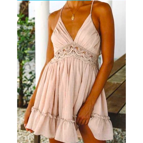 Various Dresses & Skirts - Women’s Pink Backless Lace Halter Mini Dress Sz M